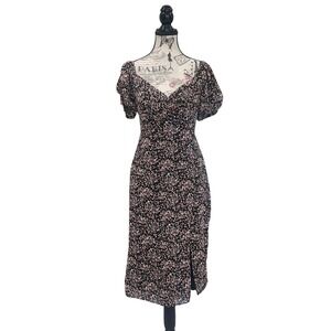 Midi Dress Floral V Neck Short Sleeve Side Slit Dark Fairy Cottage Core Sz L